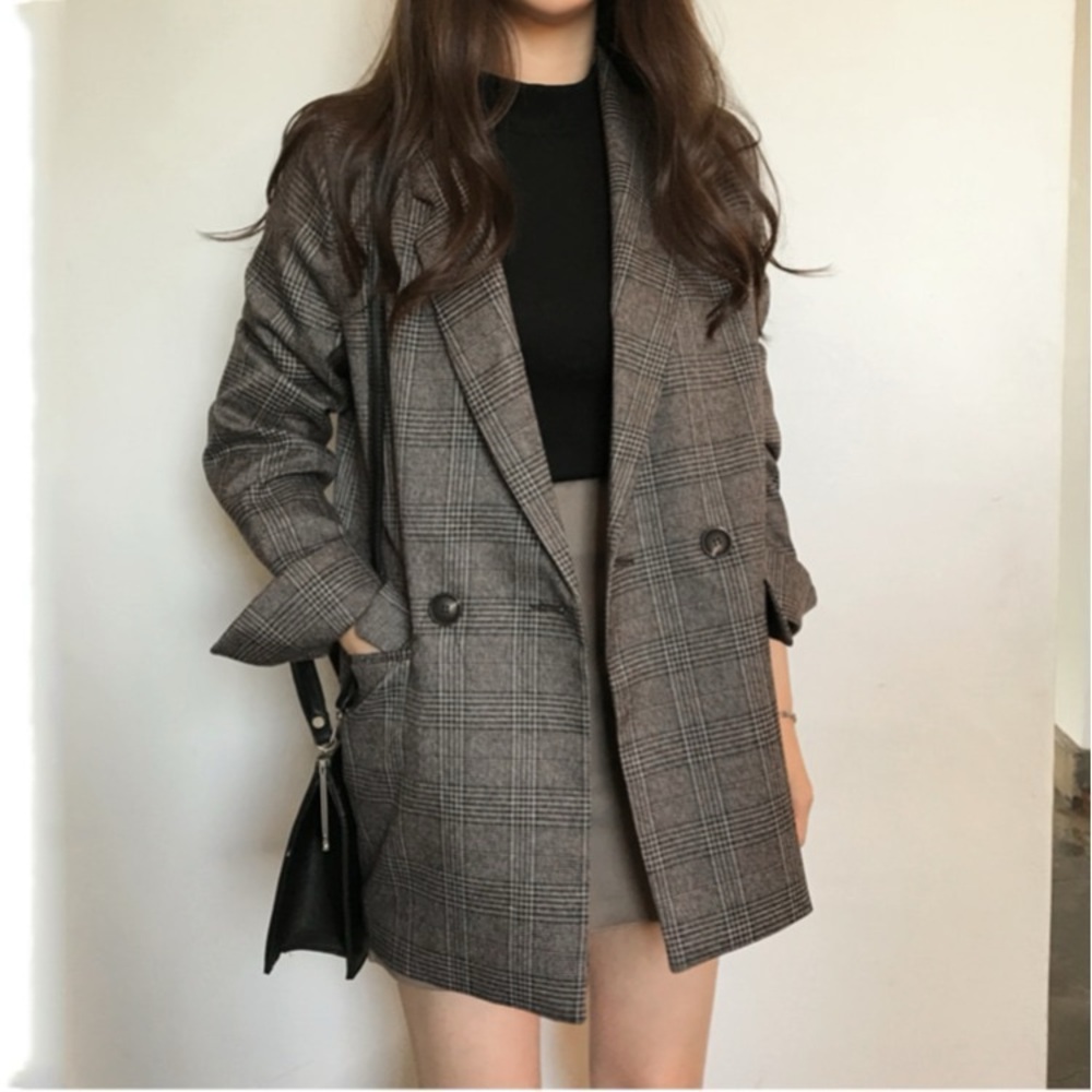 YesStyle Gray Plaid Oversized Blazer